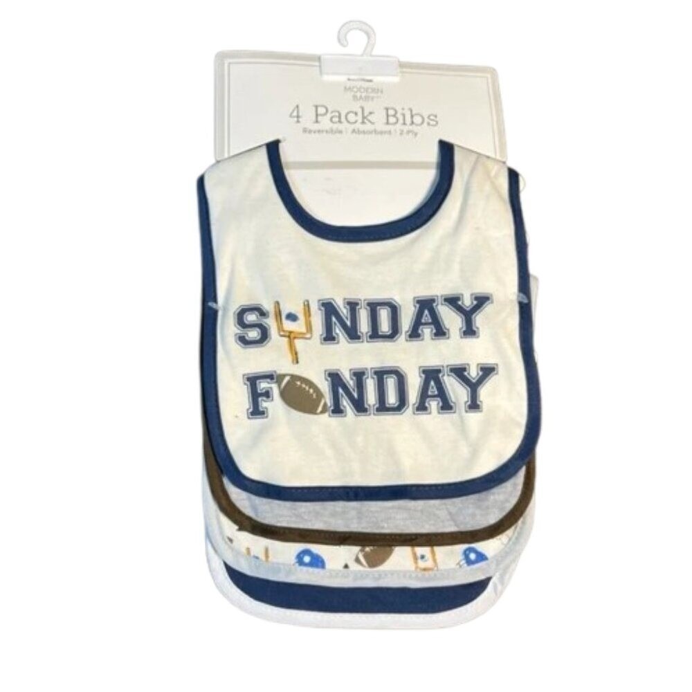 Modern Baby 4 Pack Reversible Football Bibs Sunday Funday Blue White Grey NEW